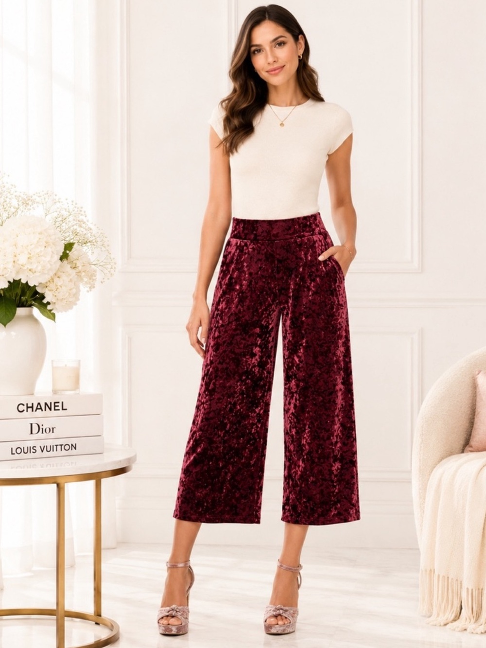 LC Lauren Conrad Velvet Wide Leg Crop Pants Burgundy Wine Holiday Glam NWT M